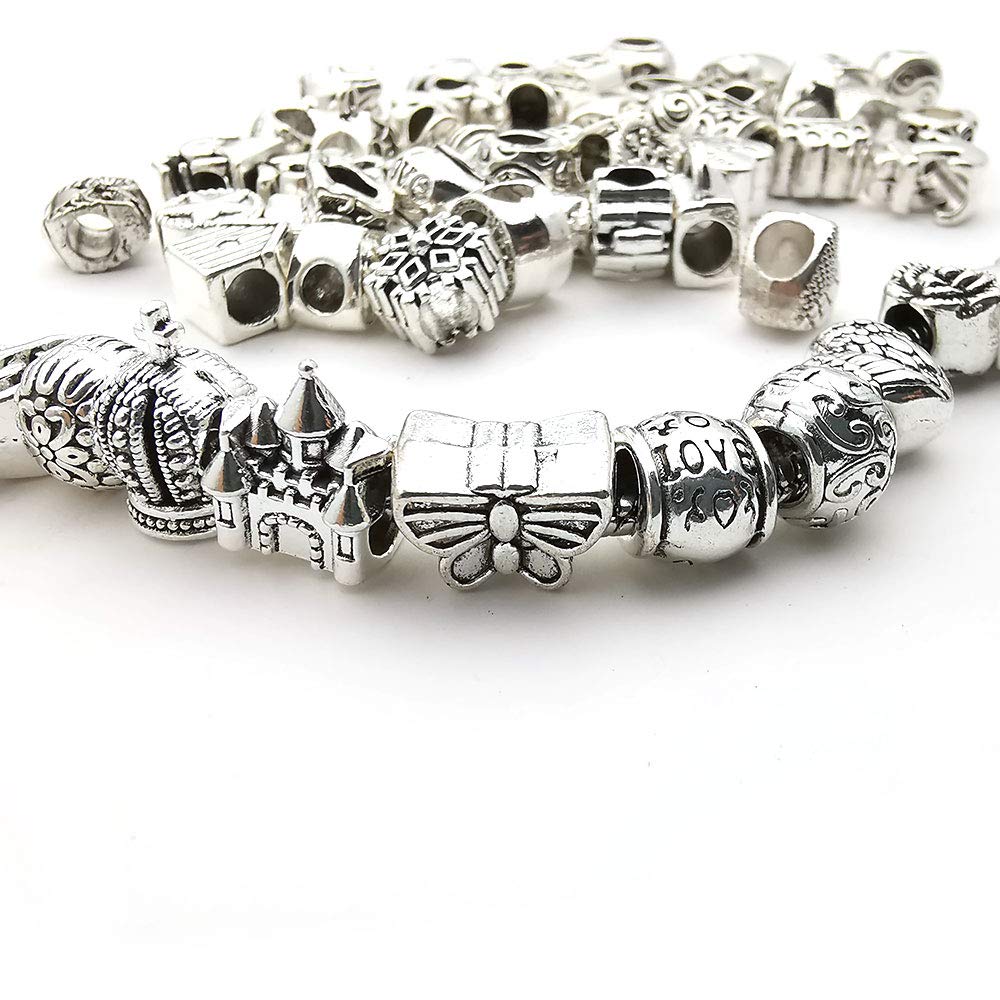 55pcs Assorted Alloy European Large Hole Beads Metal Spacer Charms Bead Assortments for DIY Crafts Bracelets Necklaces Jewelry Making (M190)