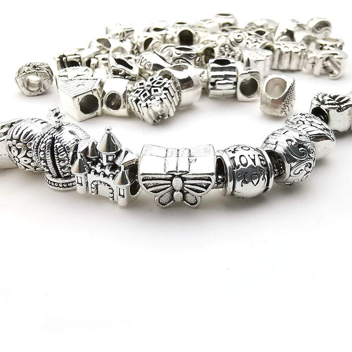 55pcs Assorted Alloy European Large Hole Beads Metal Spacer Charms Bead Assortments for DIY Crafts Bracelets Necklaces Jewelry Making (M190)