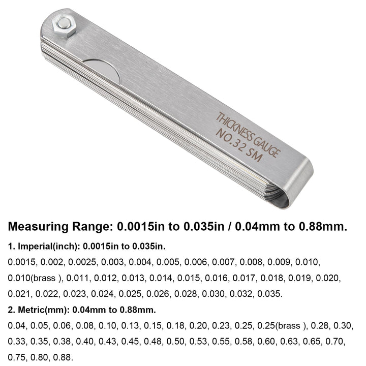 32 Blade Steel Feeler Gauge (0.0015Inch to 0.035Inch), Thickness Feeler Gage Gauge, Gap Measuring Tool with Metric & Imperial, Great for Checking Valves & Building Engines