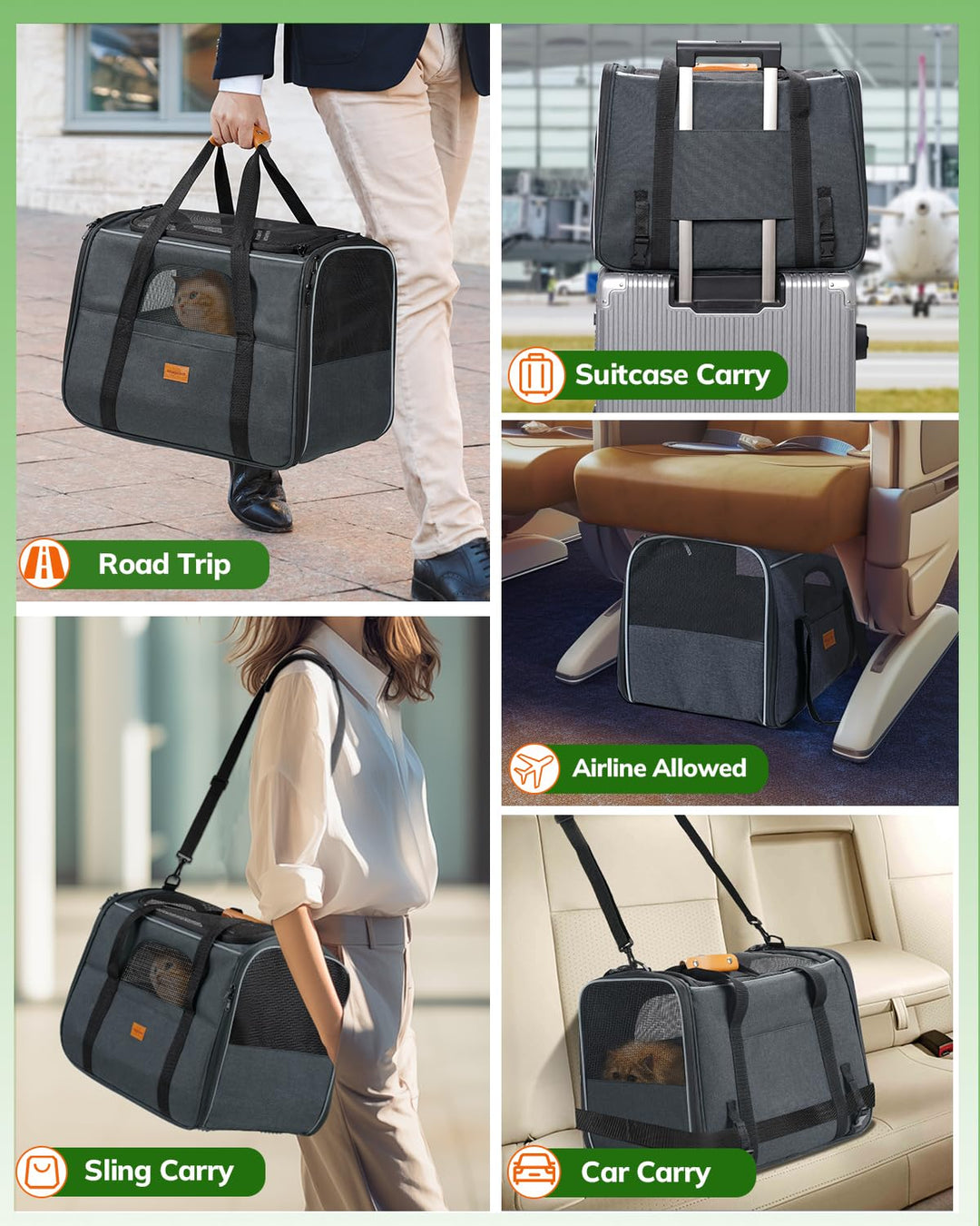 Large Cat Carrier - Soft Sided Cat Carrier Large for Big Medium Cats and Puppy up to 20lbs, Pet Carrier with Safety Zippers, Foldable Bowl, Pet Travel Carrier Bag - Dark Gray Large