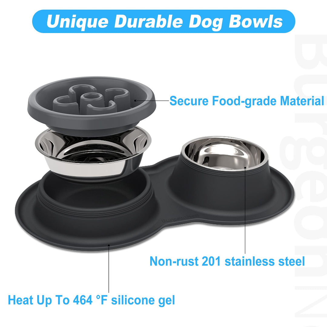 Slow Feeder Dog Bowls,27oz 4-in-1 Food and Water Bowls with No-Spill and Non-Skid Silicone Mat, Stainless Steel Slow Down Eating Puzzle Set for Medium Small Sized Dogs