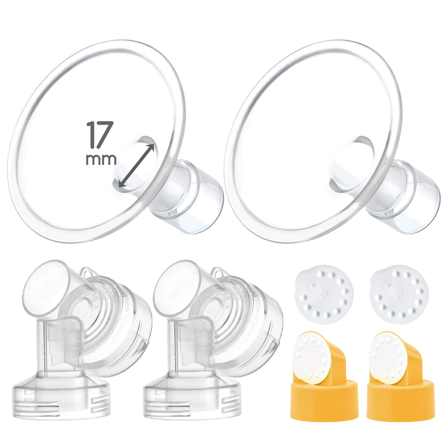 17 mm 2X Two-Piece Breastshield, 2X Base Connector w/Valve and Membrane Compatible with Medela Breast Pumps; Small Shield (17mm)