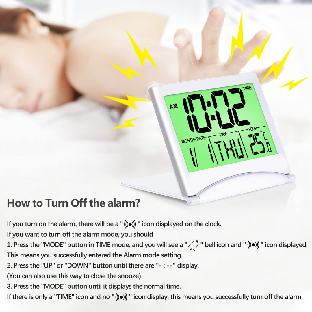 Digital Travel Alarm Clock with Backlight - Foldable Calendar Temperature Timer LCD Clock with Snooze Mode - Large Number Display, Battery Operated - Compact Desk Clock