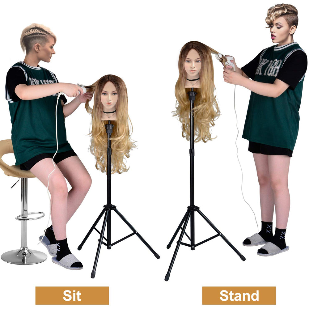 Reinforced Wig Stand Tripod Mannequin Head Stand, Adjustable Holder for Cosmetology Hairdressing Training with T-with Caps, T-Pins, Comb, Hair Clip, Carrying Bag
