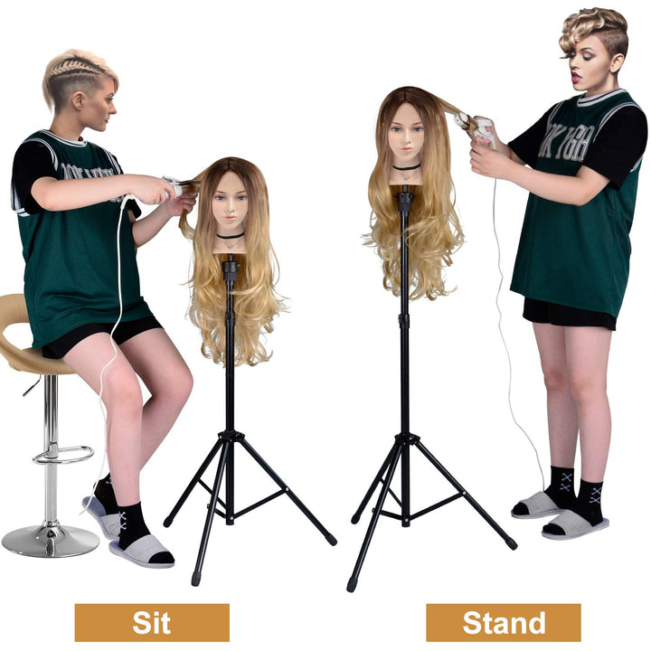 Reinforced Wig Stand Tripod Mannequin Head Stand, Adjustable Holder for Cosmetology Hairdressing Training with T-with Caps, T-Pins, Comb, Hair Clip, Carrying Bag