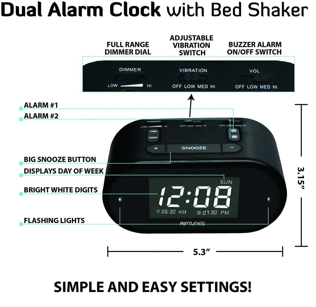 Loud Alarm Clock with Bed Shaker for Heavy Sleepers, Vibrating Alarm Clock for Hearing impaired, Dual Alarm Clock for Bedroom with Vibrating Bed Shaker USB Charging Port, Dimmer, Snooze