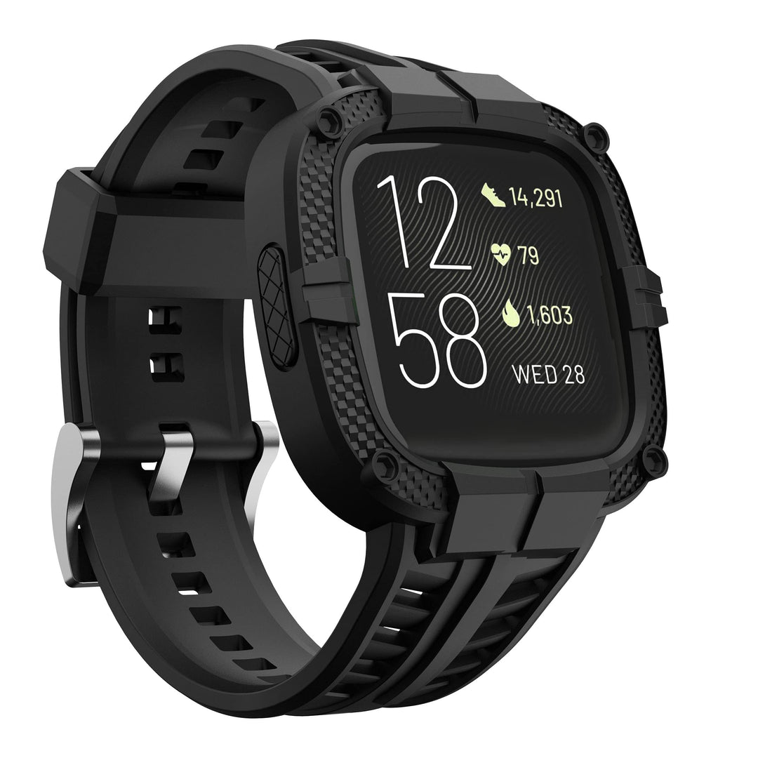 Compatible for Fitbit Versa 2 Bands All Round Protective Case Rugged Sport Band Wristbands for Men Women Black