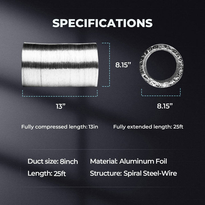 GLDUCT8X25C 8 inch 25 feet Non-Insulated Flex Air Aluminum Foil Ducting Dryer Vent Hose for HVAC Ventilation with 2 Clamps, 8, Silver