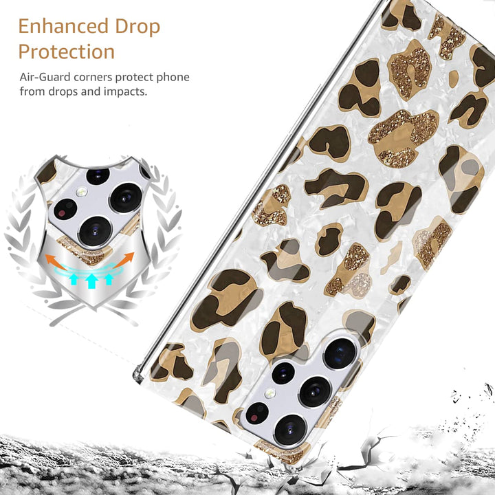 for Samsung Galaxy S22 Ultra Case, Cute Design with Leopard Print Phone Case for Women Girls, Soft Silicone Cover with Sparkly Pearly-Lustre Shell for Galaxy S22 Ultra 5G, White/Leopard