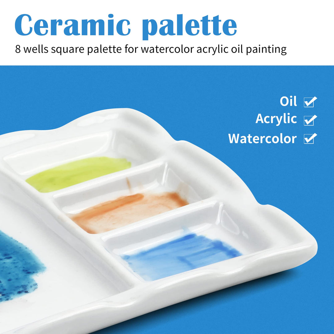 Artist Ceramic Palette, 8 Well Rectangle Porcelain Watercolor Paint Palette for Watercolor Gouache Acrylic Oil Painting, 7-Inch