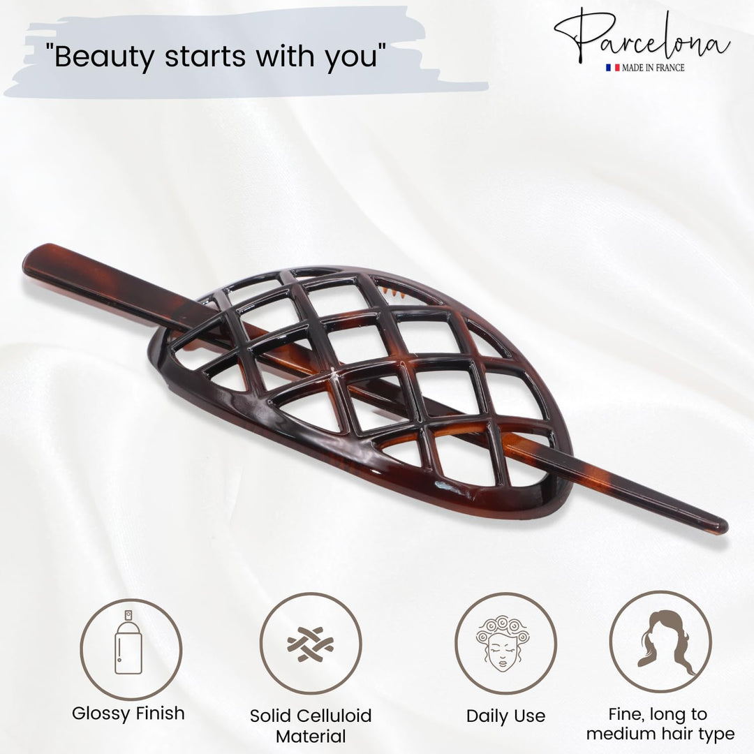 French Criss Cross Pattern Tortoise Shell Brown Cellulose Acetate Made in France Chignon Bun Cover Ponytail Holder Hair Slider Pin Thru Updo with Stick for Women and Girls