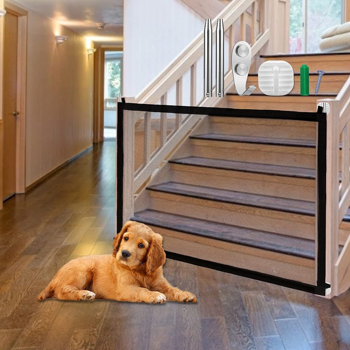 Dog Gate Indoor, Pet Gate for Stairs, Safety Mesh Portable Folding Gates, Guard Fence Mesh Gates for Doorway Hall Indoor Outdoor, 28'' x 44'', Black