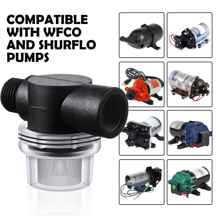 2 Pieces Water Pump Strainer Filter, RV Replacement 1/2 Twist On Pipe Strainer with 50 Mesh Stainless Steel Filter Screen Compatible with WFCO or Shurflo Pumps