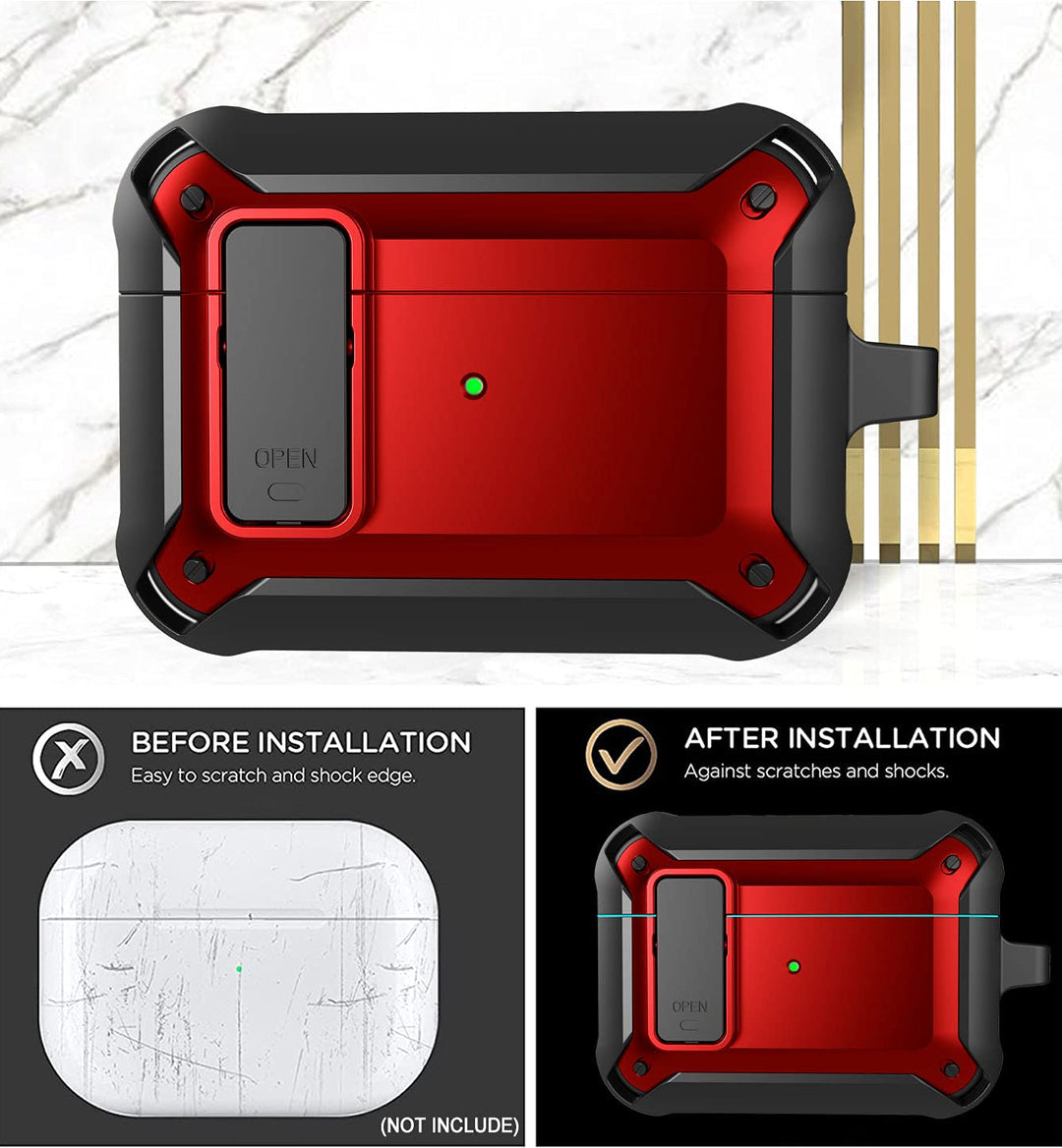 Airpods Pro Case Cover for Men Lock with Cleaner kit, Military Armor Series Full-Body AirPod Pro Case with Keychain Cool Air Pod Pro Shockproof Protective Case for AirPods Pro 2019, Black/Red