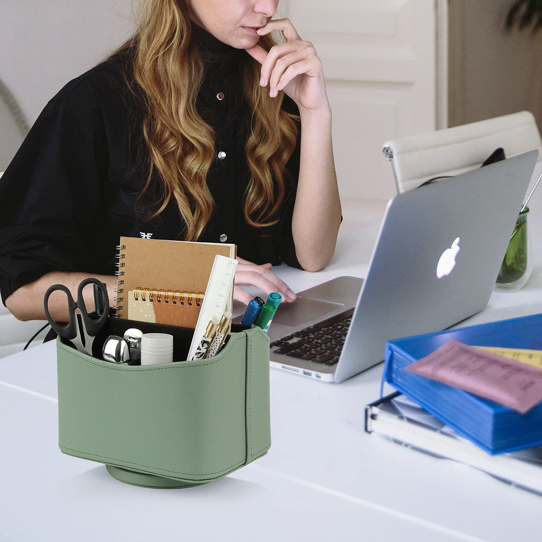 Spinning Remote Control Holder, Remote Caddy, 360 Degrees Rotatable Remote Control Organizer, Desktop Organizer Caddy Holder, PU Faux Leather (Light Green)