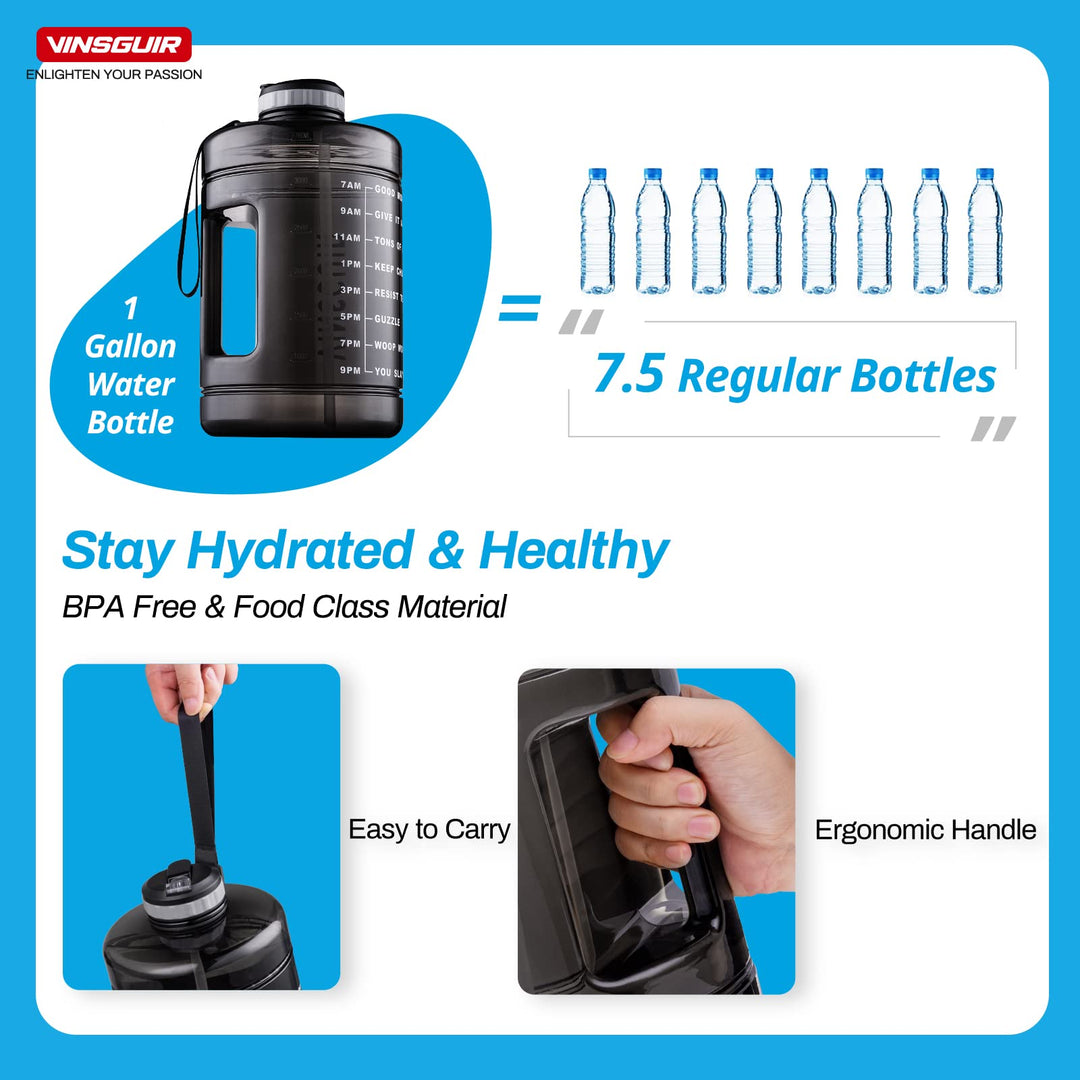 1 Gallon Water Bottle with Times to Drink - Motivational Large 128 oz Water Jug with Straw & Strap & Handle, BPA Free Big Water Bottle for Daily Drinking & Gym Workout (Black)