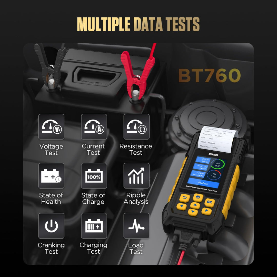 Battery System Testers BT760 Battery Analyzer 30-2000 CCA Battery/Load/Charging/Cranking Test for 8-32V Vehicles HD Vans Trucks Motorcycles Built-in Printer with 3 Rolls Printer Paper 14 Languages