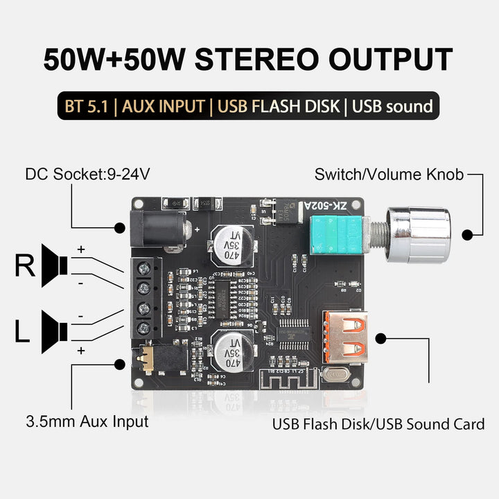 ZK-502A Bluetooth 5.0 Amplifier Board 50W*50W with A 12V2A DC Power Supply,100W Bluetooth Audio AMP Board for DIY Bluetooth Speaker Kit DC9-24V,Black