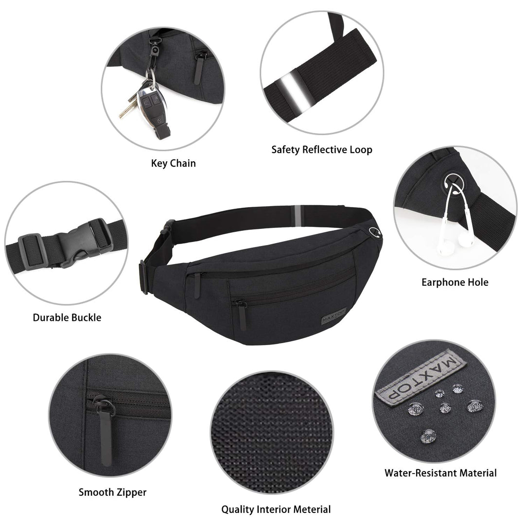 Large Crossbody Fanny Pack Belt Bag for Women Men with 4-Zipper Pockets Gifts for Sports Yoga Festival Workout Running Wallets Waist Pack Hands-Free Travel Essentials Fits All Phones,Black