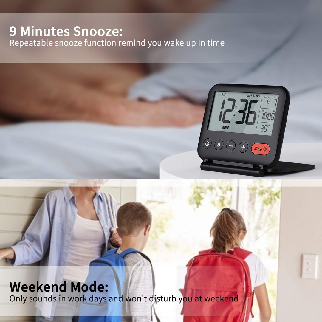 Digital Travel Alarm Clock for Bedroom Office: Small LCD Desk Clock with Backlight Date Temperature Snooze 12/24H Weekend Mode and Mirror, Battery Powered Folding Bedside Clock for Adult Kids