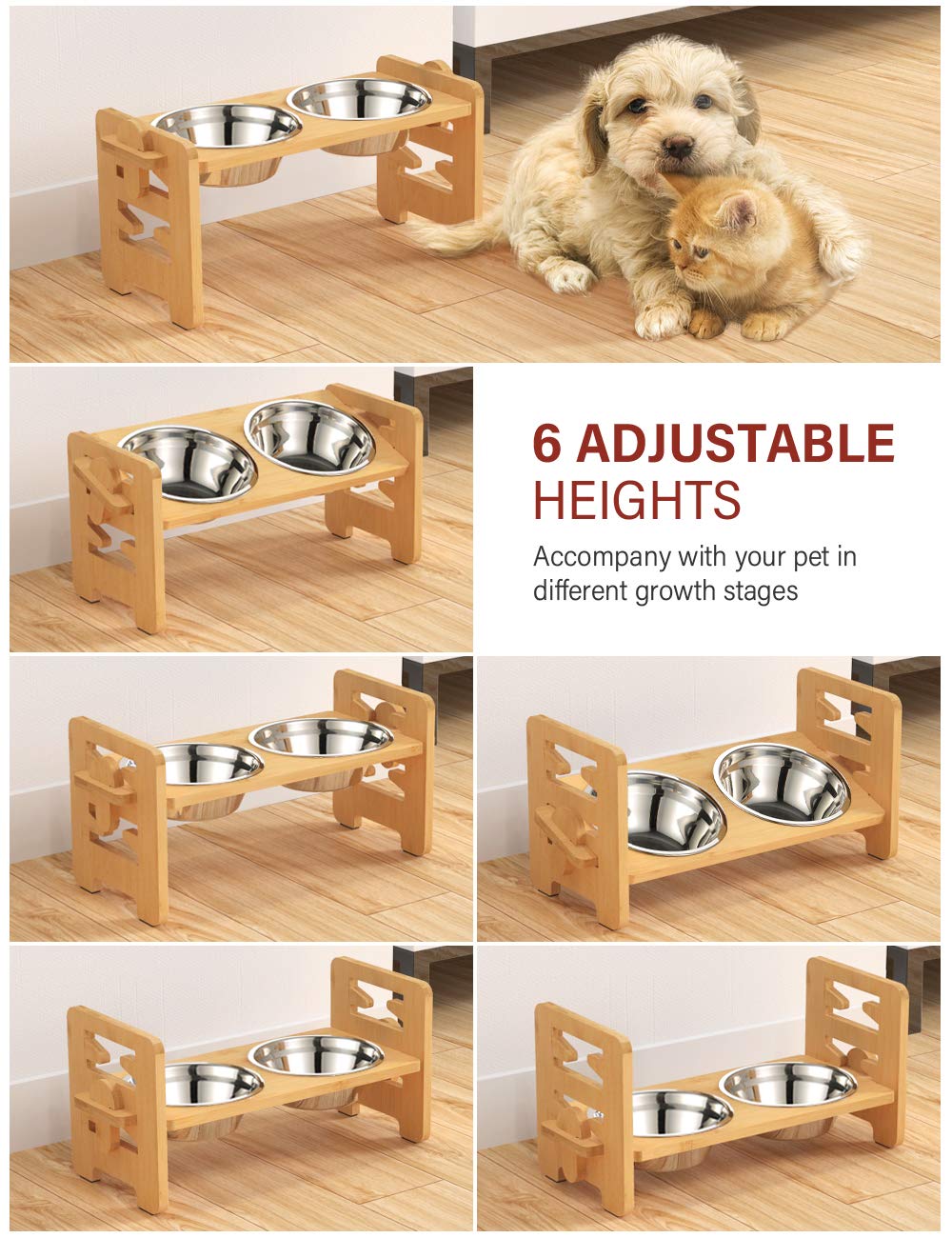 Elevated Dog Bowls, Adjustable Raised Dog Bowl Stand for Small Puppy and Cats, Sturdy Bamboo Pet Food Feeder with 2 Stainless Steel Dishes, Natural