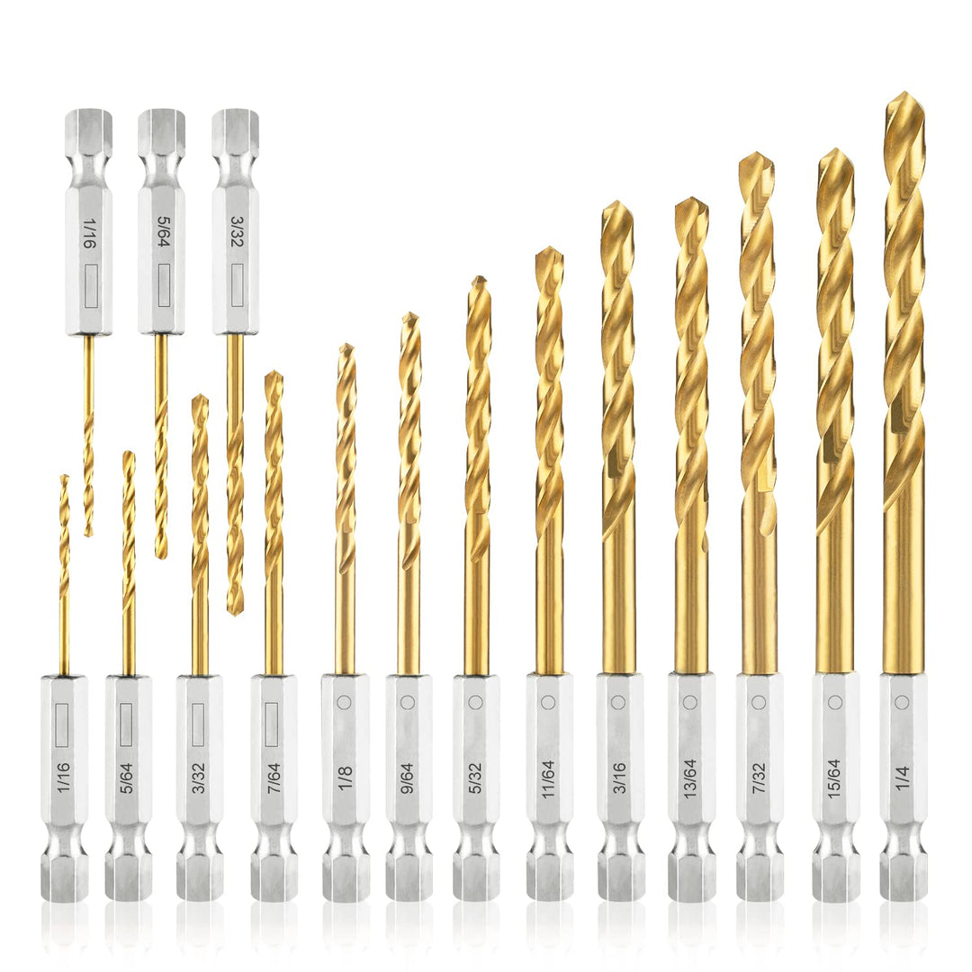 Hex Shank Drill Bit Set (13Pcs Set+3 Pcs Free), Premium 4341 HSS Titanium Impact Hex Drill Bits for Wood, Steel, Metal, Plastic, Quick Change Design (1/16 -1/4 )