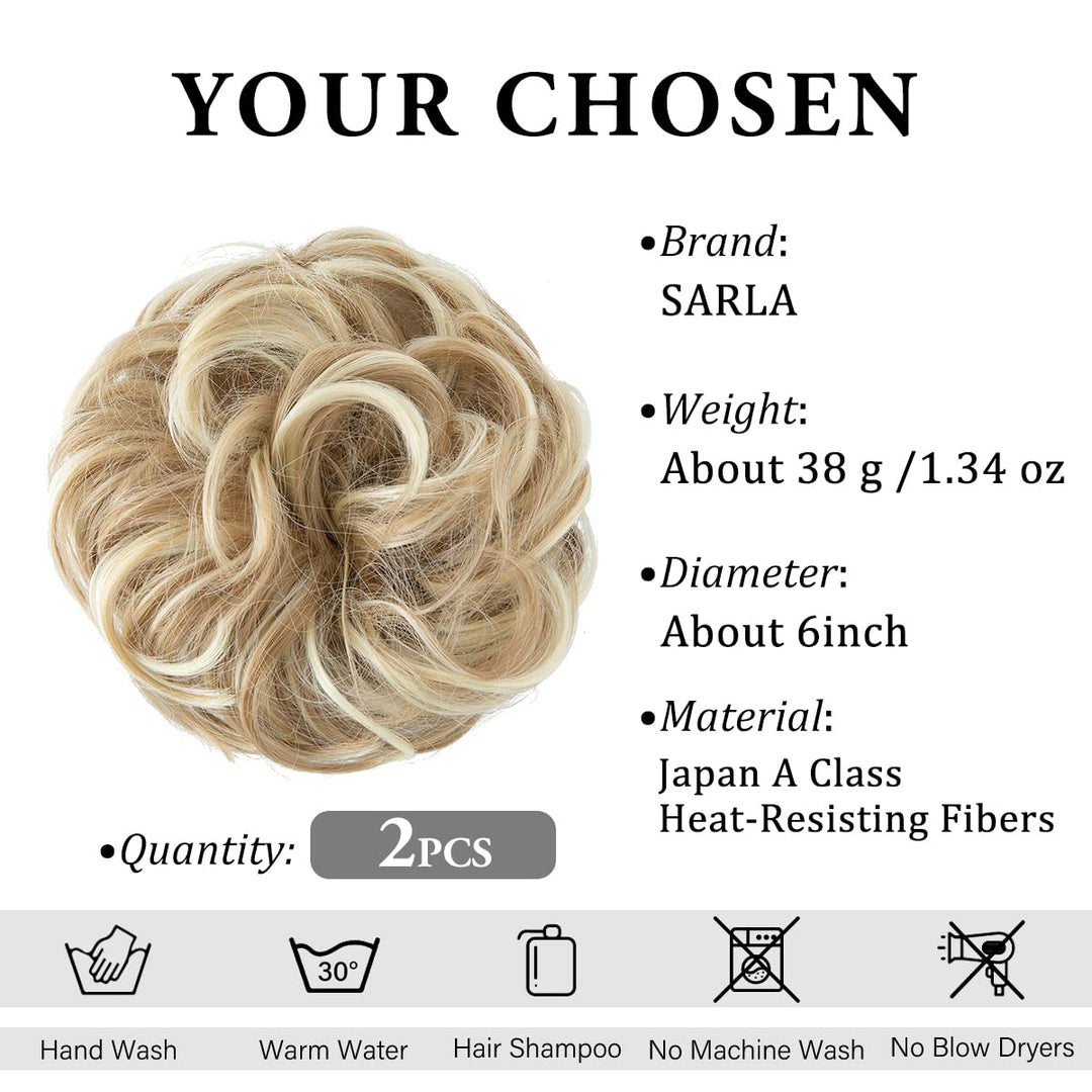 2PCS Messy Hair Bun Hair Pieces Wavy Curly Synthetic Updo Fake Scrunchies Ponytail Extension for Women Dirty Blonde