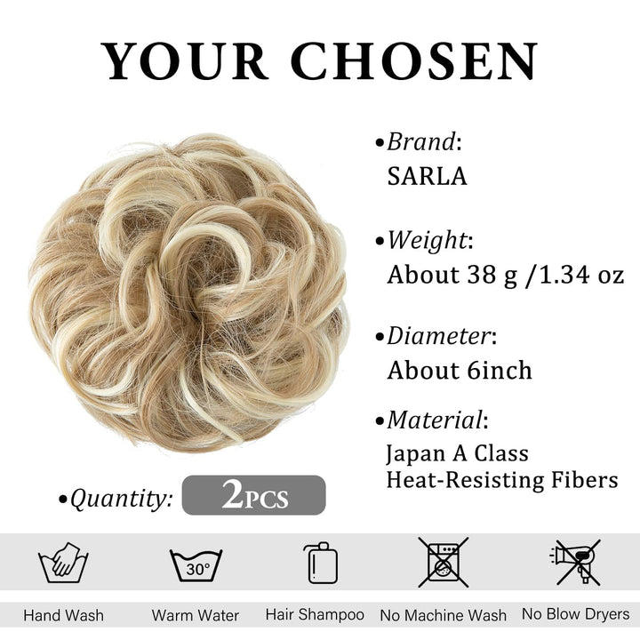2PCS Messy Hair Bun Hair Pieces Wavy Curly Synthetic Updo Fake Scrunchies Ponytail Extension for Women Dirty Blonde