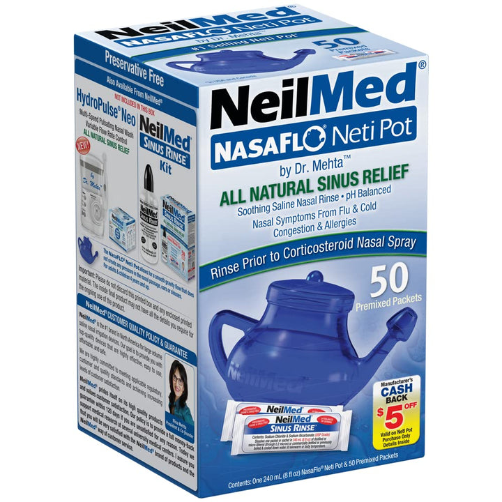 NasaFlo Unbreakable Neti Pot with 50 Premixed Packets