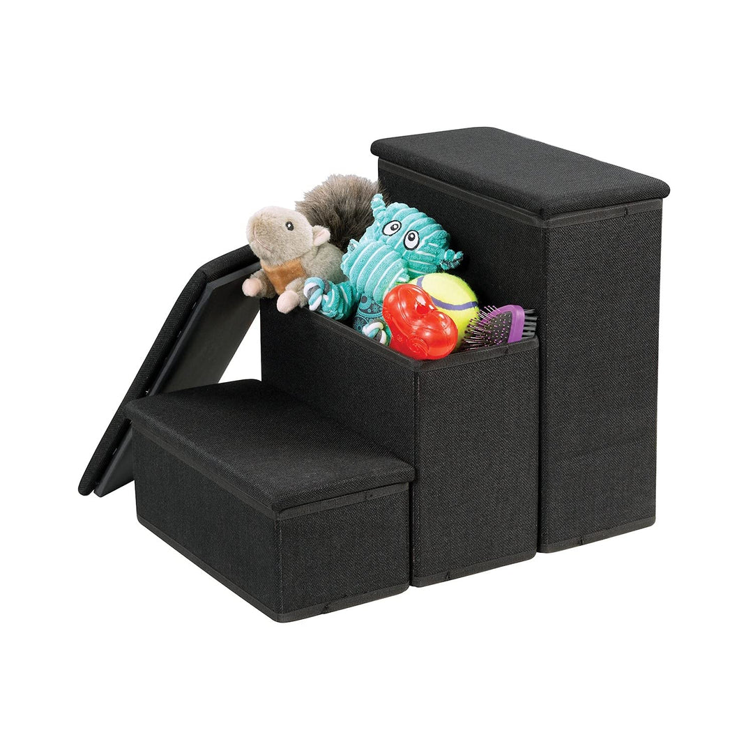3-Step Pet Steps with Storage Fold Away Pet Stairs for Dogs Cats Fabric Upholstered Padded Tops - Black