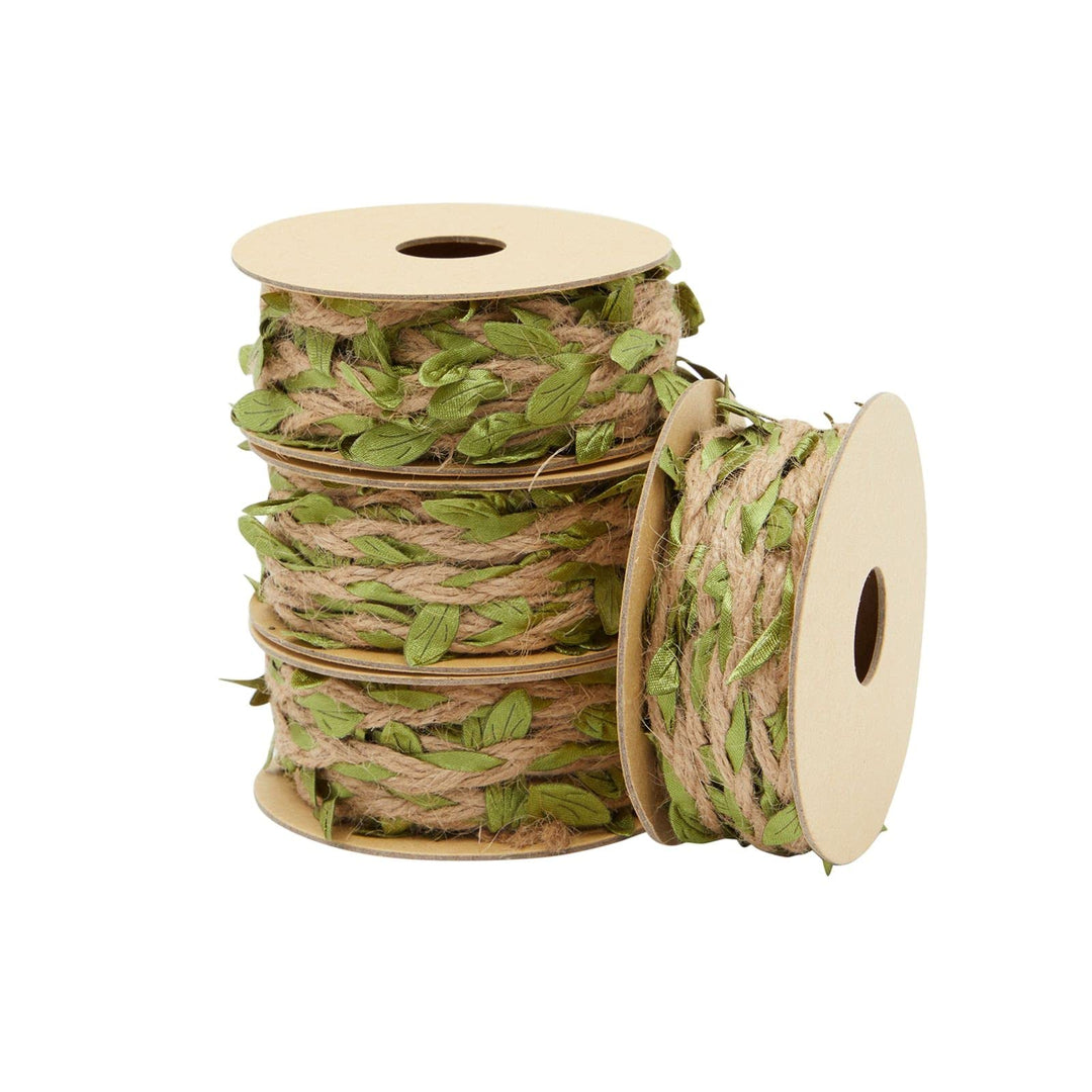Burlap Leaf Ribbon - Jungle, Safari & Fairy Party, Enchanted Forest Decor, Vines for Crafts (4 Rolls, 65.6 Ft Total)