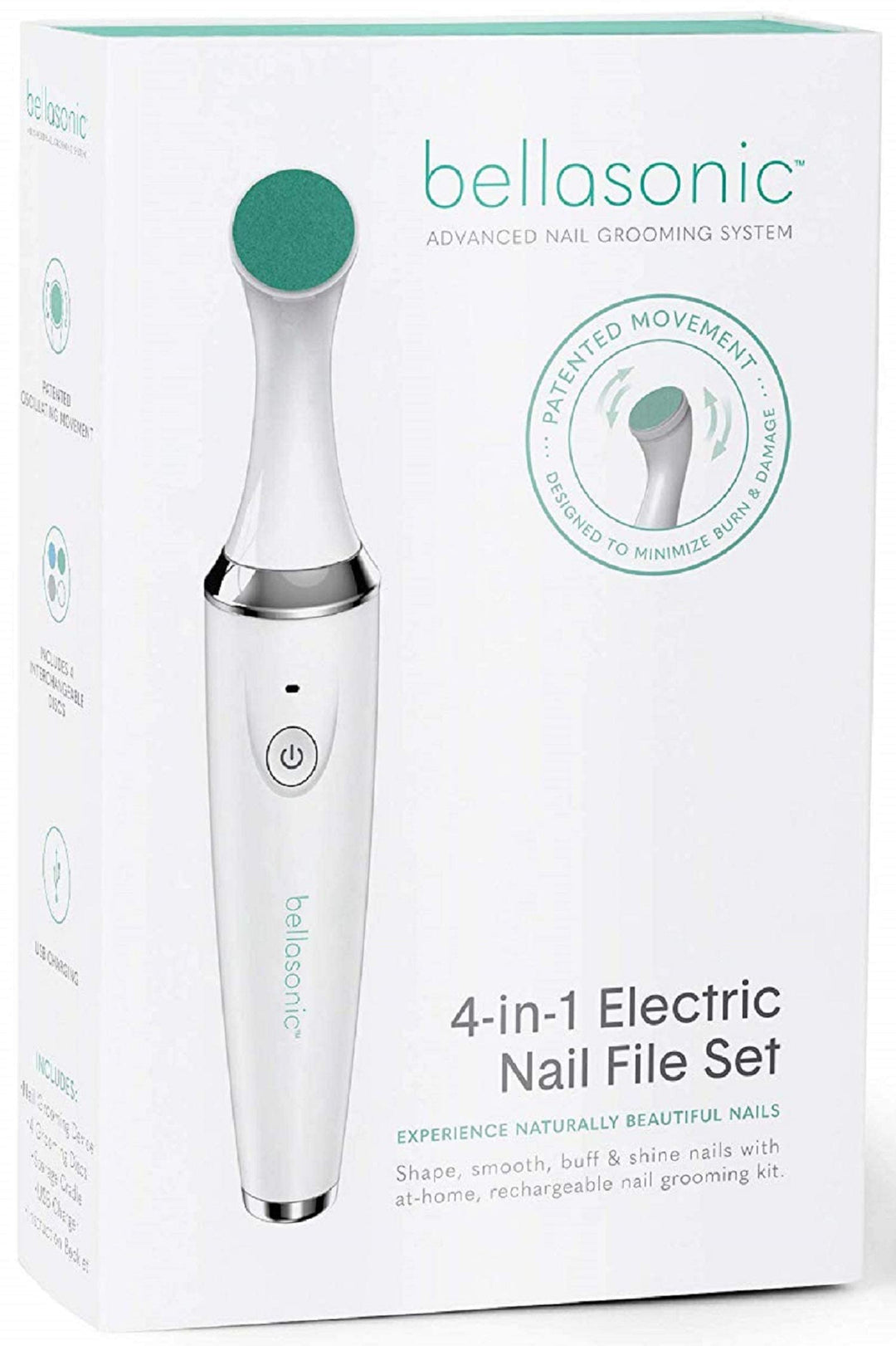 BELLASONIC 4-in-1 Rechargeable Electric Nail File Set with Unique Oscillating Head – Shape, Smooth, Buff & Shine Nails – Remove Cuticles & Calluses – Salon Quality Manicure Pedicure Results