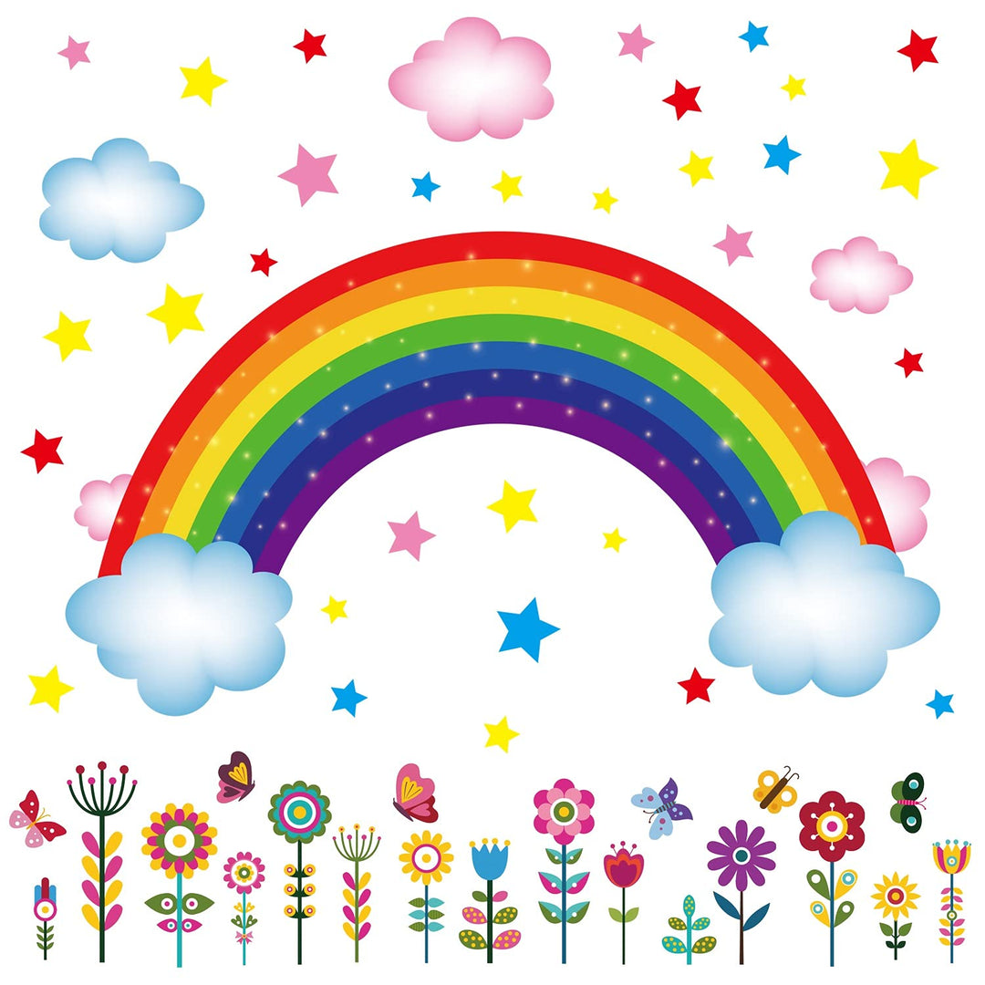 3 Sheets Rainbow Wall Decal Rainbow Wall Sticker, Large Removable Rainbow Butterflies Clouds Star Flower Wall Decals for Nursery Kids Girls Bedroom Decor