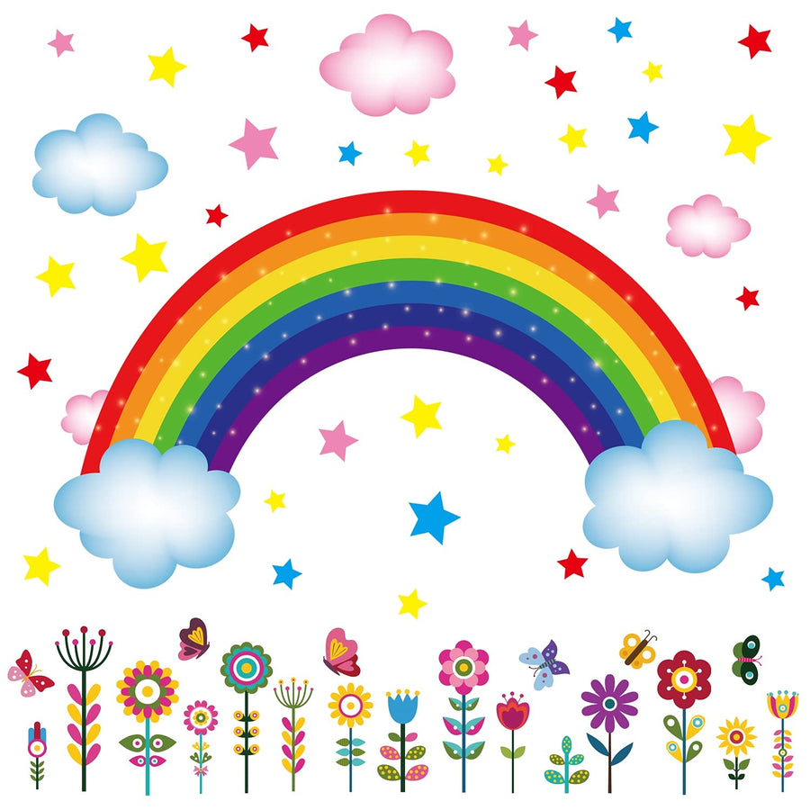 3 Sheets Rainbow Wall Decal Rainbow Wall Sticker, Large Removable Rainbow Butterflies Clouds Star Flower Wall Decals for Nursery Kids Girls Bedroom Decor