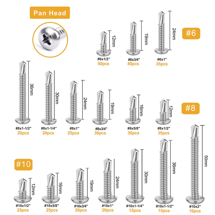 415Pcs #6#8#10 Self Tapping Screws, 410 Stainless Steel Phillips Pan Head Self Drilling Screws Assortment, Assorted Sheet Metal Screws