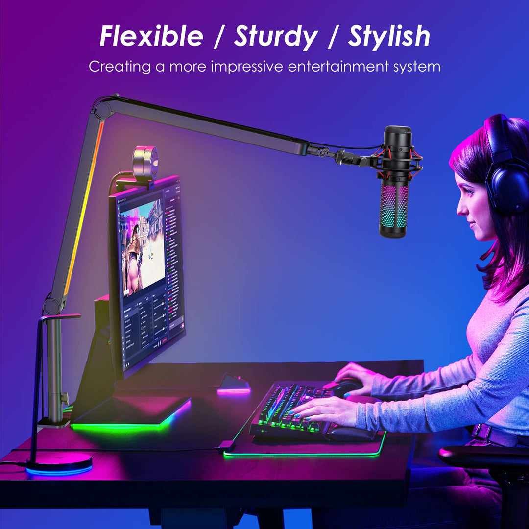 RGB Mic Boom Arm for Fifine, HyperX QuadCast 1/2 / QuadCast S/SoloCast, Shure SM7B / MV7, Blue Yeti, Rode, Shure, Razer, Gaming Mic and Most Microphones using 3/8 to 5/8 Adapter