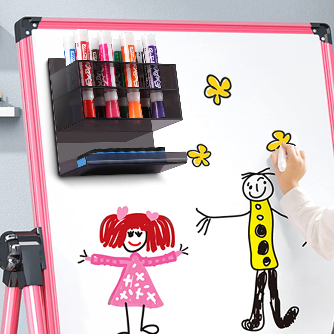 2-Tier Acrylic Dry Erase Marker Holder, 8-Slot Adhesive Wall Mount Pen Eraser Whiteboard Organizer Stand for Office, Home, Fridge (Black)