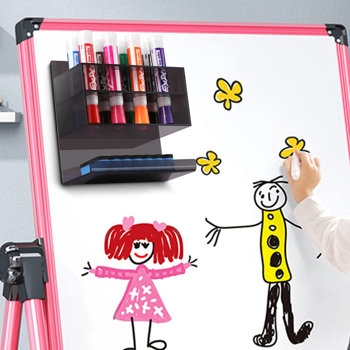 2-Tier Acrylic Dry Erase Marker Holder, 8-Slot Adhesive Wall Mount Pen Eraser Whiteboard Organizer Stand for Office, Home, Fridge (Black)