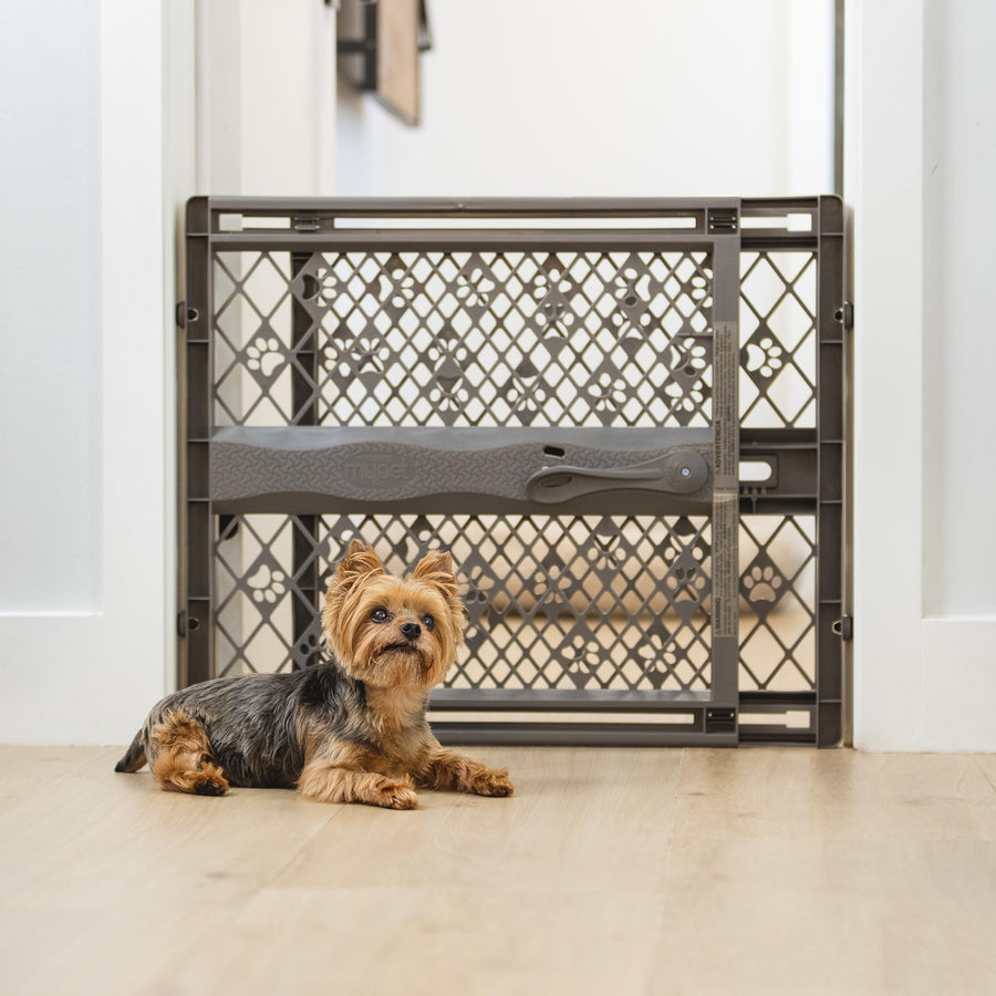 North States Paws Portable Pet Gate: 26-40 Wide. Pressure Mount. No Tools Needed. Made in USA. Dog Gate 23 Tall, Expandable, Durable Dog Gates for Doorways, Fieldstone Gray