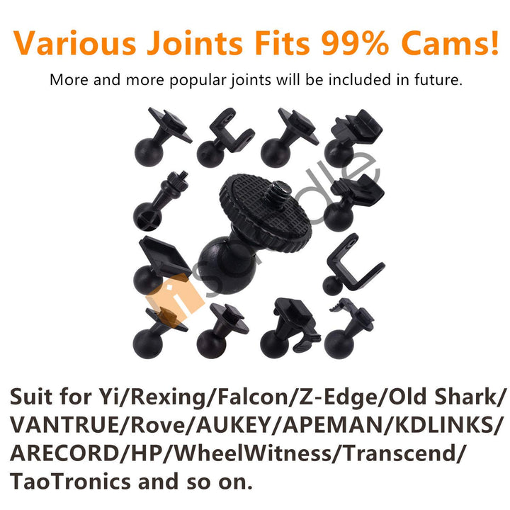 Dash Cam Suction Mount - Windshield & Dashboard Suction Cup Mount Holder/w Various Joints for Yi/Rexing/Falcon/Old Shark/VANTRUE/KDLINKS/WheelWitness/...(99% On-Dash Cameras Suitable)
