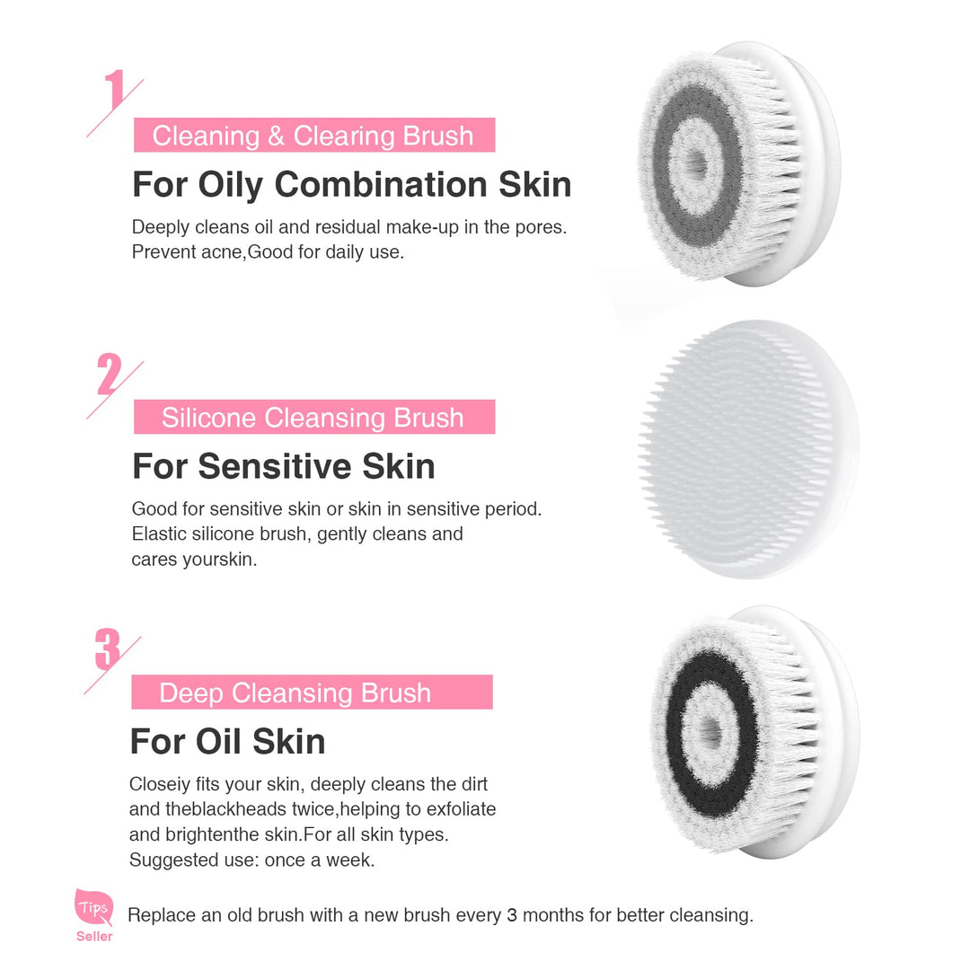 Face Brush Electric Face Cleansing Brush Skin Cleansing Face Scrubber with 3 Brush Heads Spin Brush for Deep Cleansing Exfoliation, Facial Cleanser Brush for Massaging