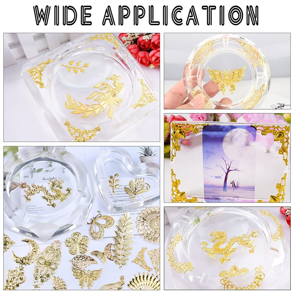 PandaHall 96pcs Iron Filigree Corner Embellishments Corner Protectors Hollow Triangle Wrap Connector with Filigree Pendant Connector Joiners Links Large Resin Fillers for Christmas Jewelry Making