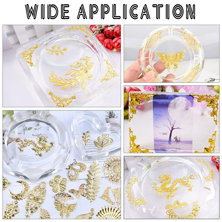 PandaHall 96pcs Iron Filigree Corner Embellishments Corner Protectors Hollow Triangle Wrap Connector with Filigree Pendant Connector Joiners Links Large Resin Fillers for Christmas Jewelry Making