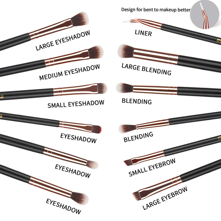 Eyeshadow Brushes 12pcs Rose Gold Eye Make Up Brush Set with Bag (PU Leather Pouch) Soft Natural Hairs for Eyeshadow, Eyebrow, Eyeliner, Blending, Best Gifts - Rose Gold