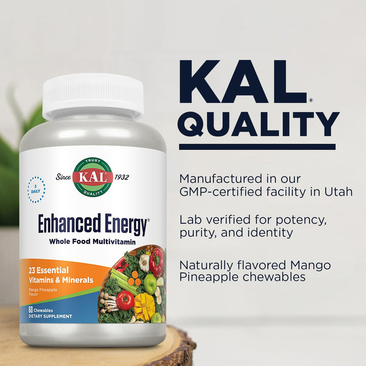 Enhanced Energy Supplements, Whole Food Chewable Multivitamin with Iron, 3 Daily, 23 Essential Vitamins and Minerals, Super Foods, Enzymes, Mango Pineapple Flavor, 60-Day Guarantee, 20 Serv, 60ct