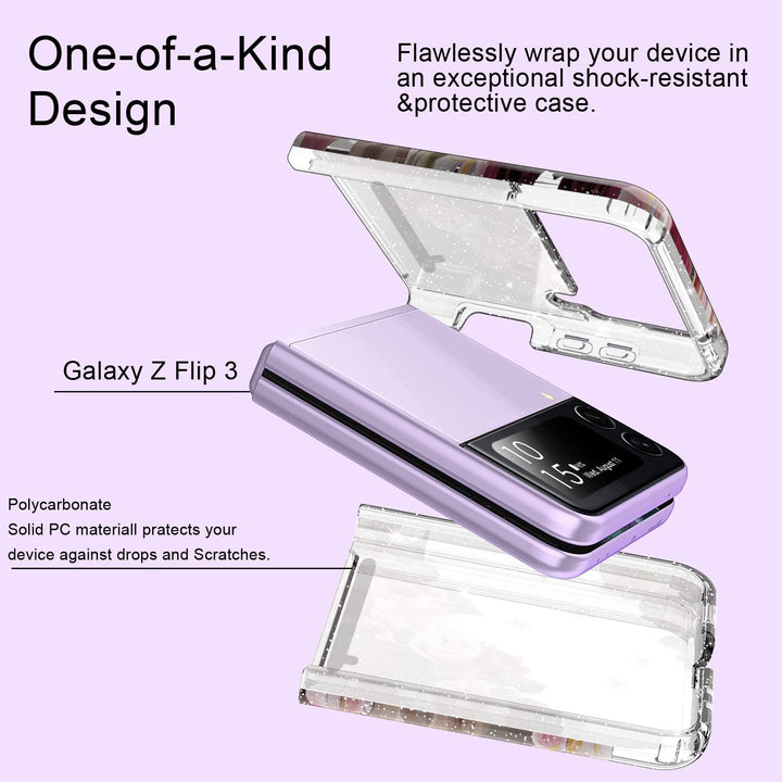 Galaxy Z Flip 3 Case,Glitter Clear Sparkly Bling TPU Built-in Non-Slip Mat Impact Resistant Shockproof Hybrid Full Body Protective Case Cover for Samsung Galaxy Z Flip 3 5G 2021 (Flower)