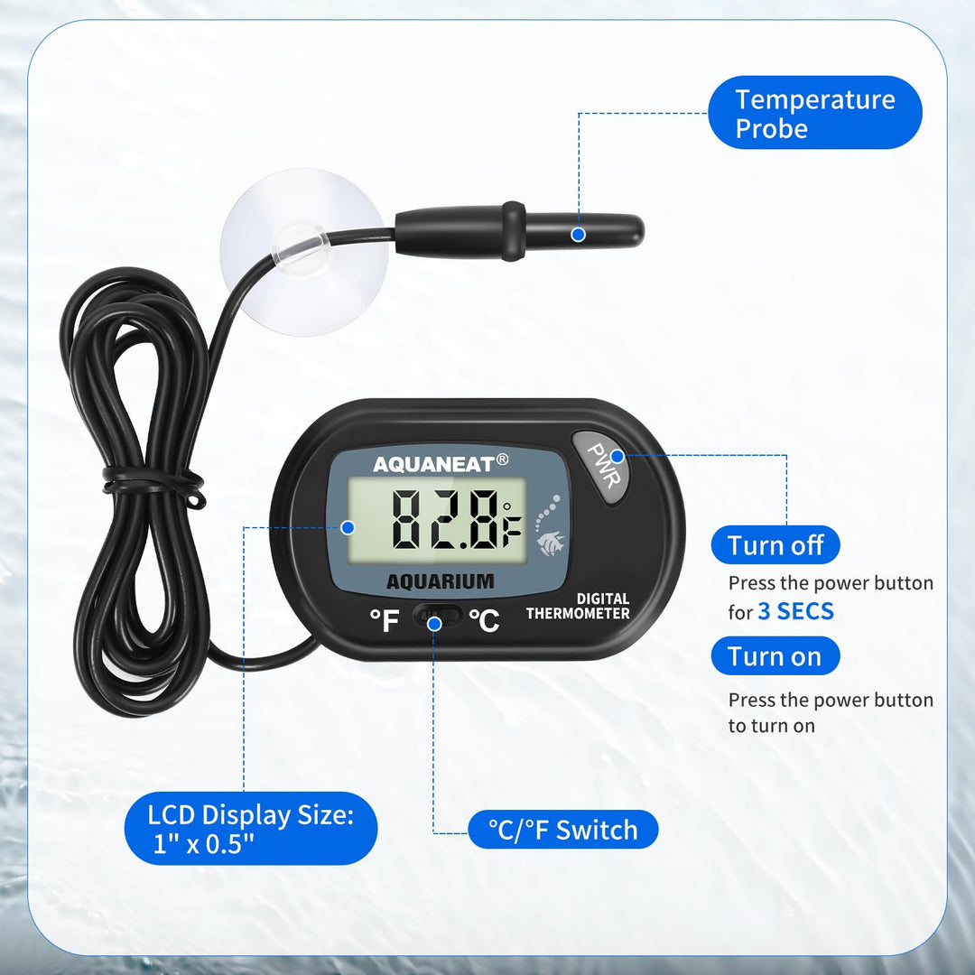 Aquarium Thermometer, Reptile Thermometer, Fish Tank Thermometer, Digital Thermometer, Terrarium Water Temperature Test, with Large LCD Display (1 Pack)