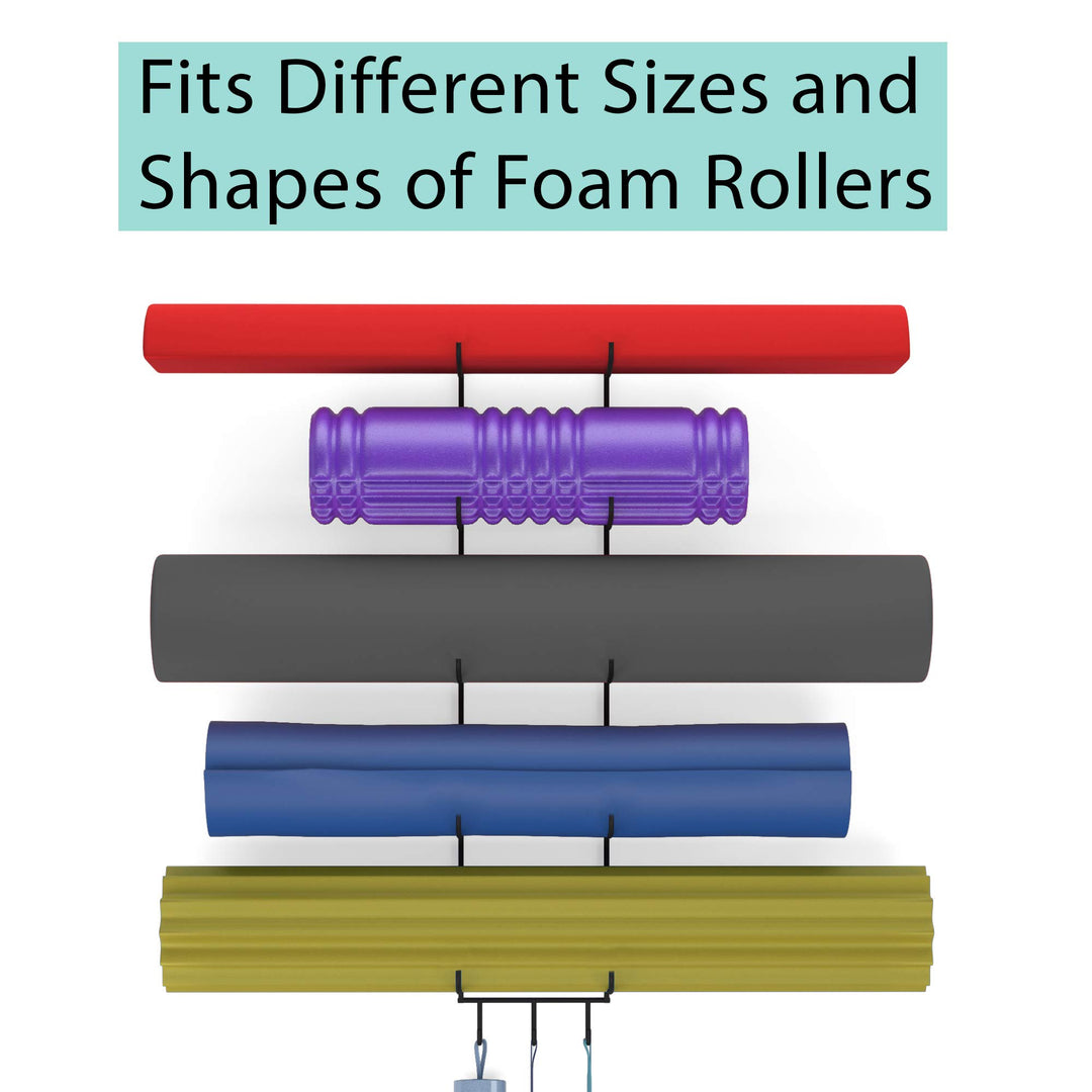 Guru Foam Roller & Yoga Mat Holder Wall Mount with 3 Hooks for Hanging Yoga Strap, Resistance Bands, 5-Sectional Metal (Black)