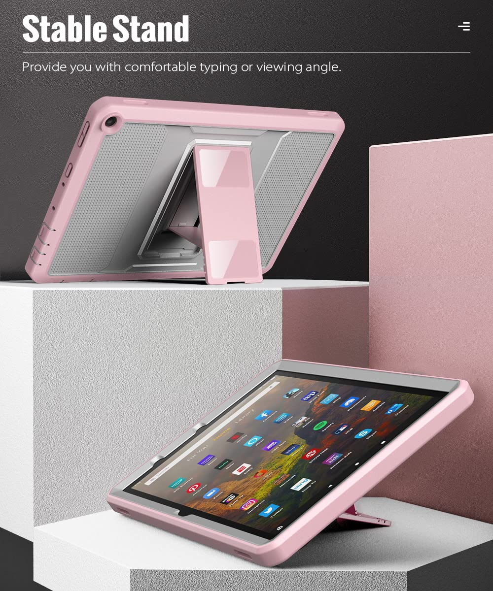 Case Fits All-New Kindle Fire HD 10 & 10 Plus Tablet (11th Generation, 2021 Release) 10.1, Full Body Rugged Hands-Free Viewing Stand Back Cover with Screen Protector, Gray&Pink