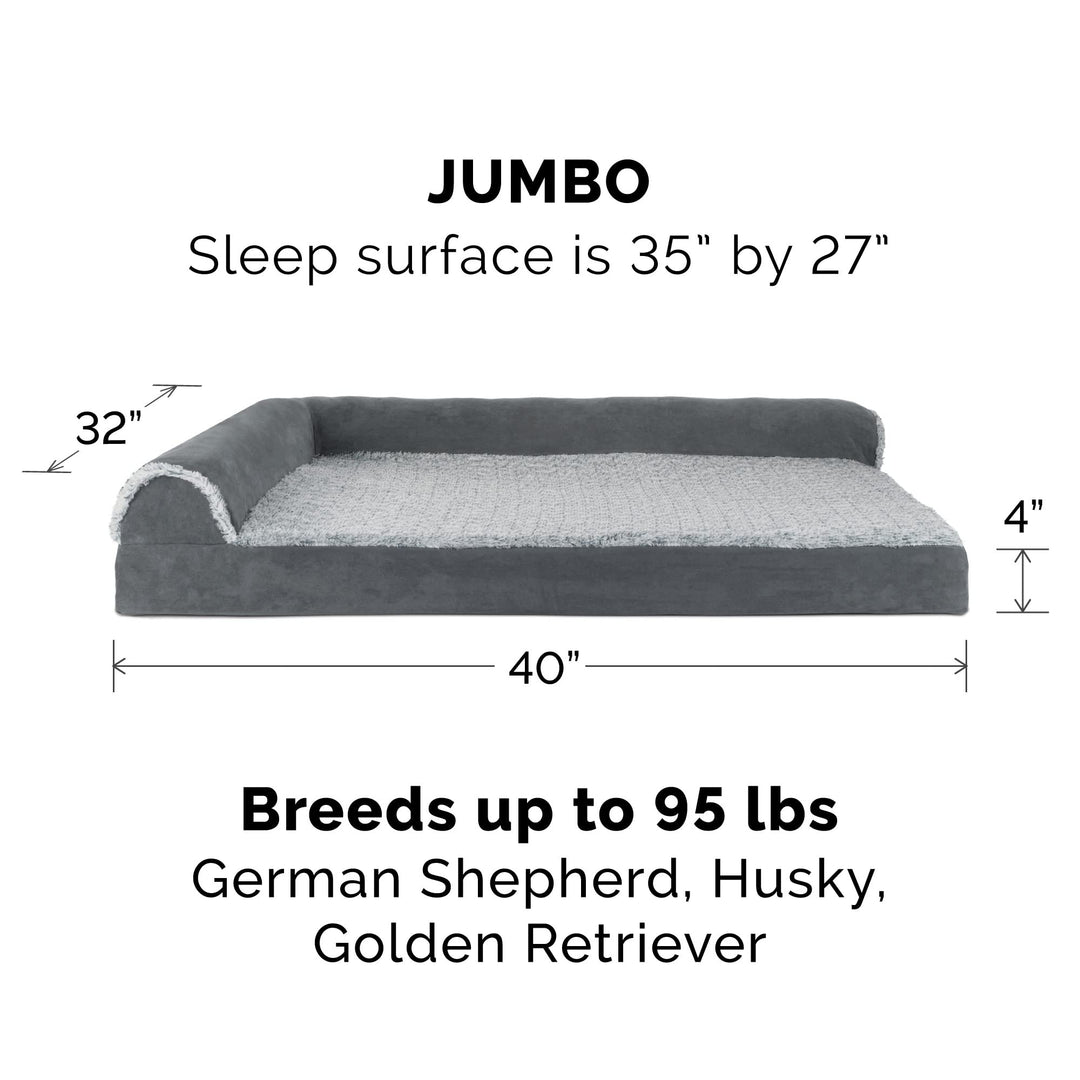 Orthopedic Dog Bed for Large Dogs w/ Removable Bolsters & Washable Cover, For Dogs Up to 95 lbs - Two-Tone Plush Faux Fur & Suede L Shaped Chaise - Stone Gray, Jumbo/XL